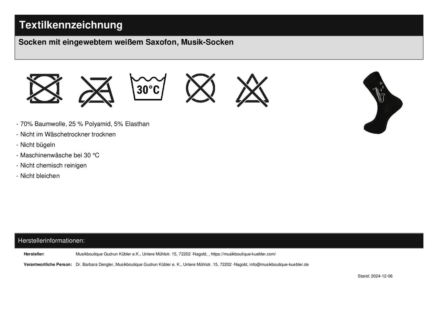 Socken mit eingewebtem weißem Saxofon, Musik-Socken