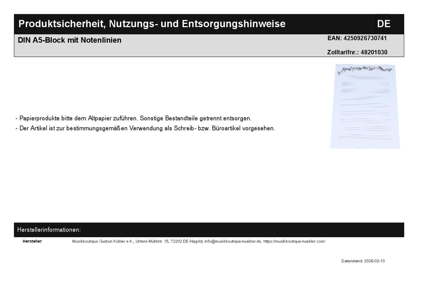 DIN A5-Block mit Notenlinien