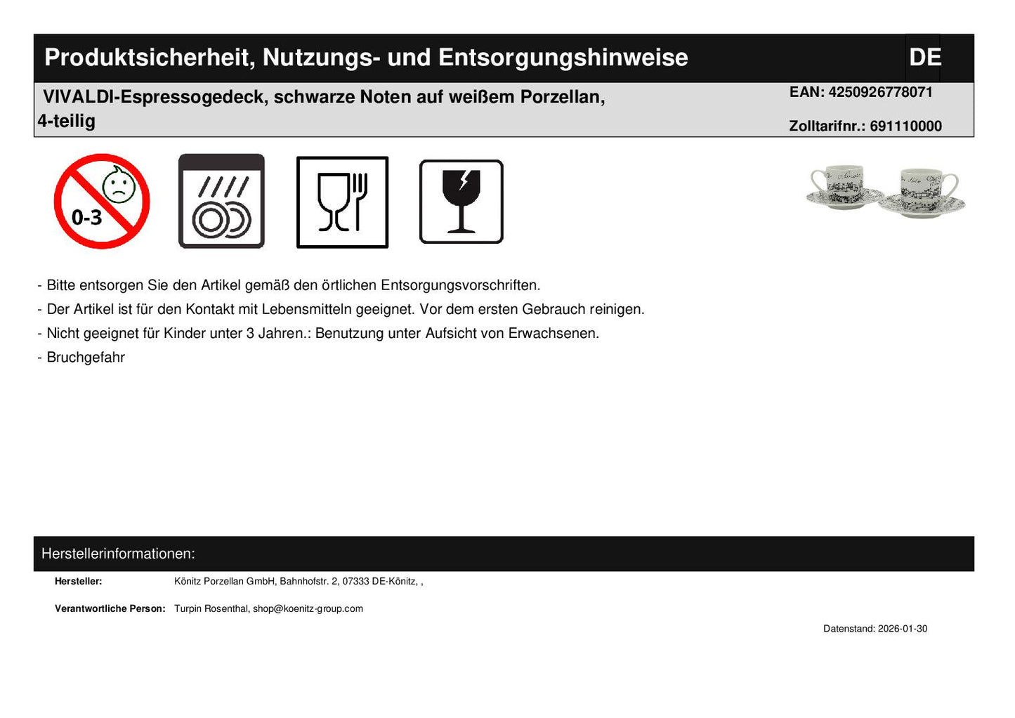 VIVALDI espresso set, black notes on white porcelain, 4 pieces