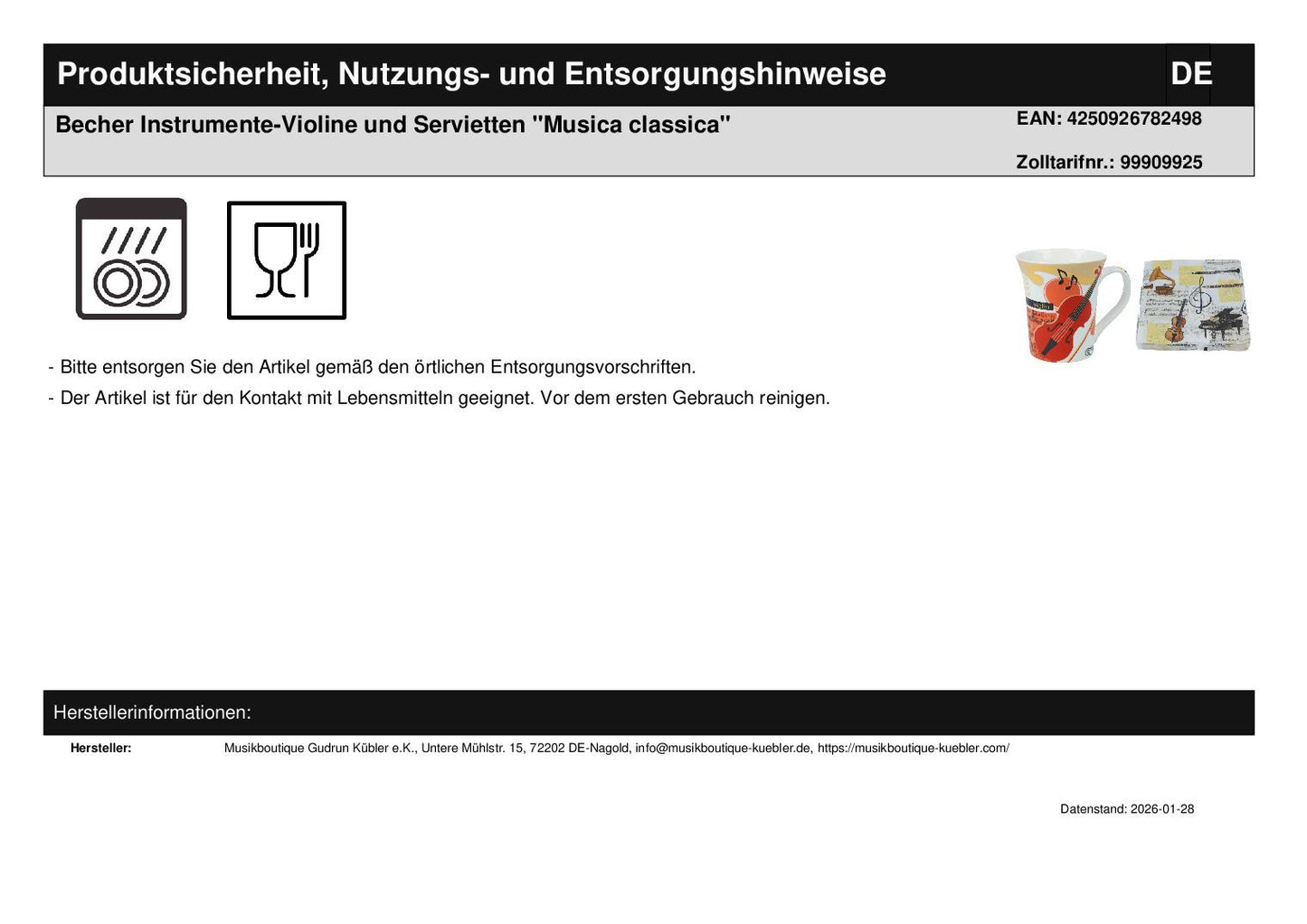 Becher Instrumente-Violine und Servietten "Musica classica"