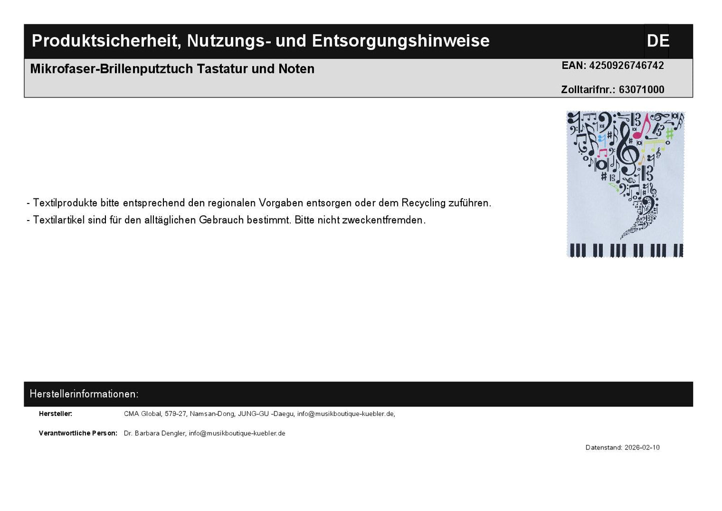 Mikrofaser-Brillenputztuch Tastatur und Noten