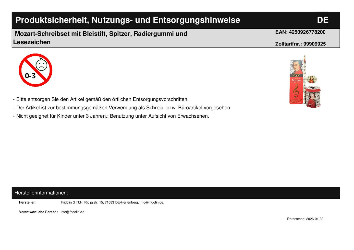 Mozart-Schreibset mit Bleistift, Spitzer, Radiergummi und Lesezeichen