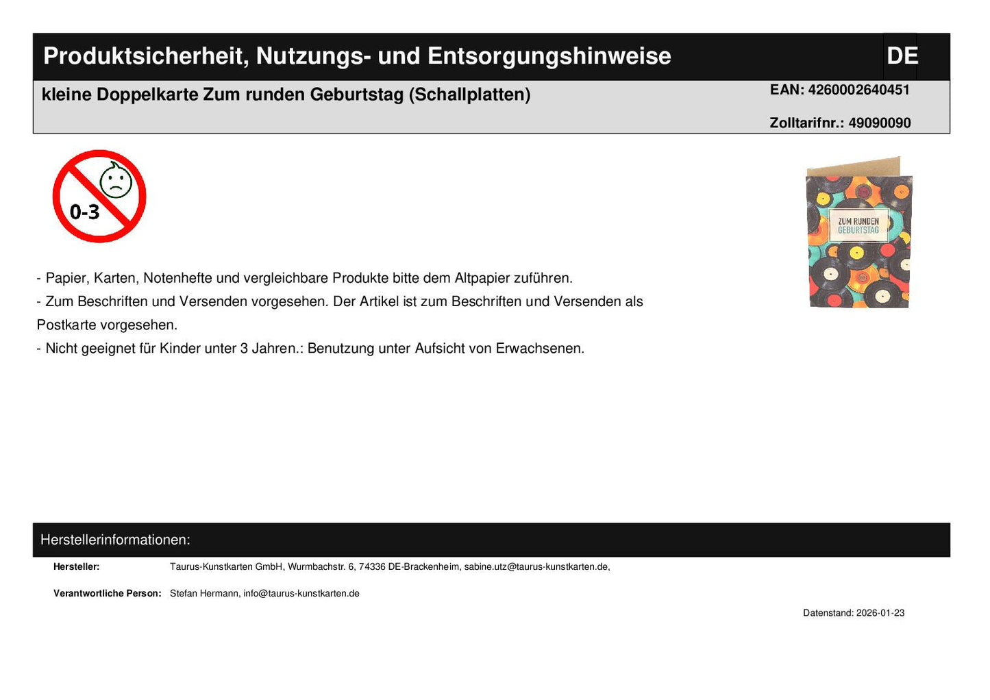 kleine Doppelkarte Zum runden Geburtstag (Schallplatten)