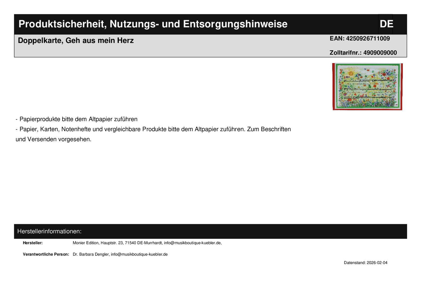 Doppelkarte, Geh aus mein Herz