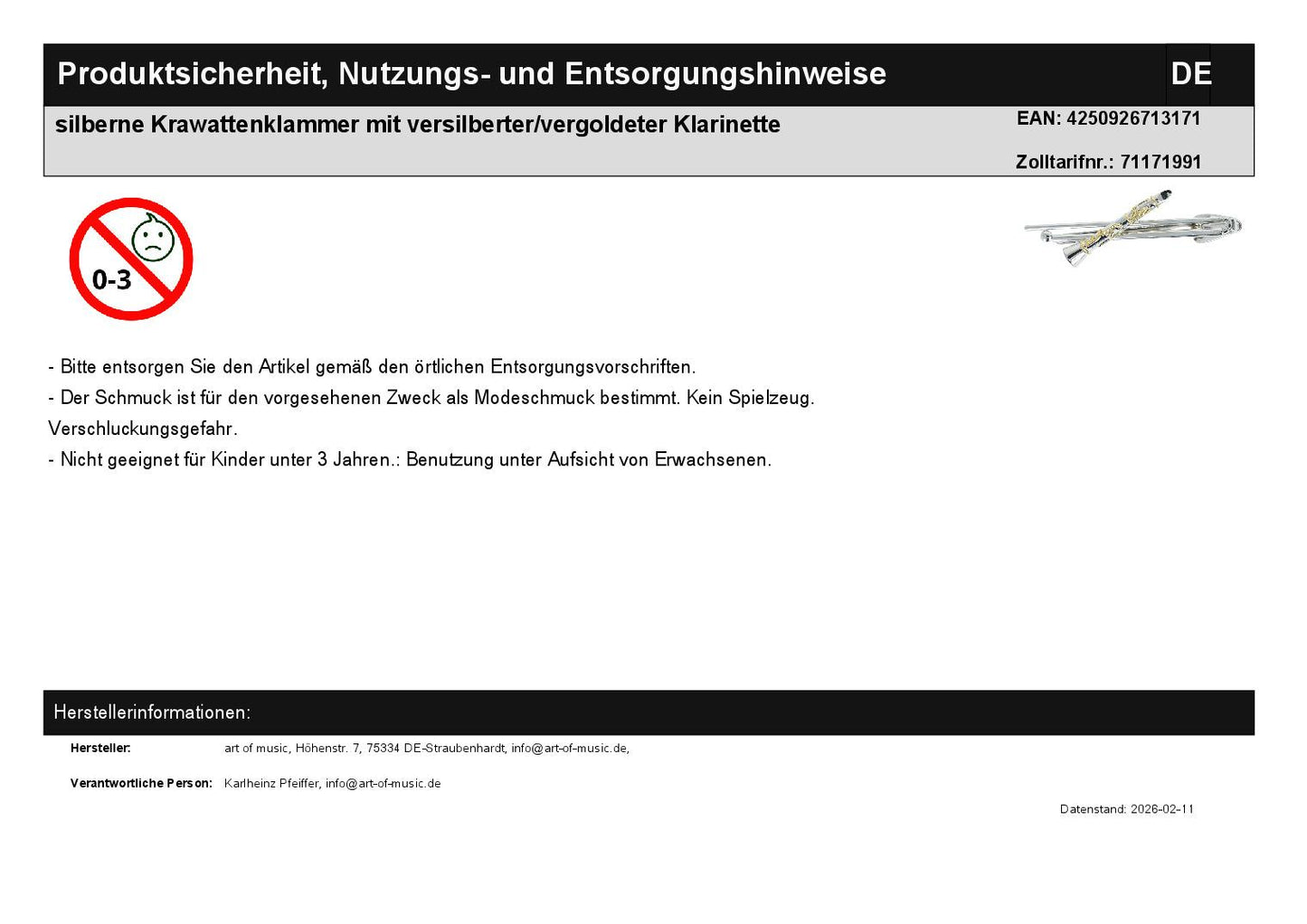 silberne Krawattenklammer mit versilberter/vergoldeter Klarinette