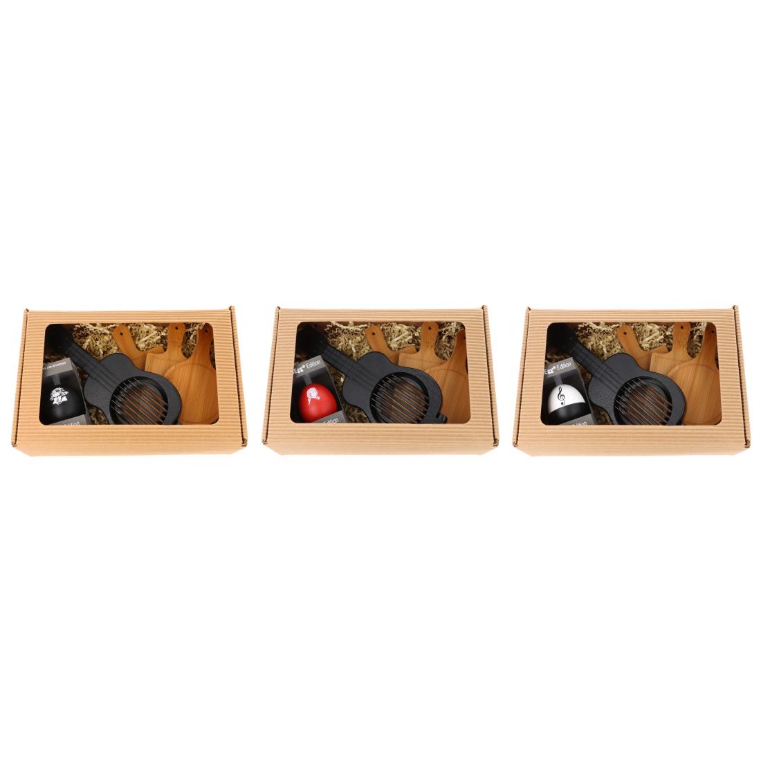 Geschenkset mit musikalischem PiepEi, Ukulele-Eierschneider und Mini-Brettchen in Faltschachtel