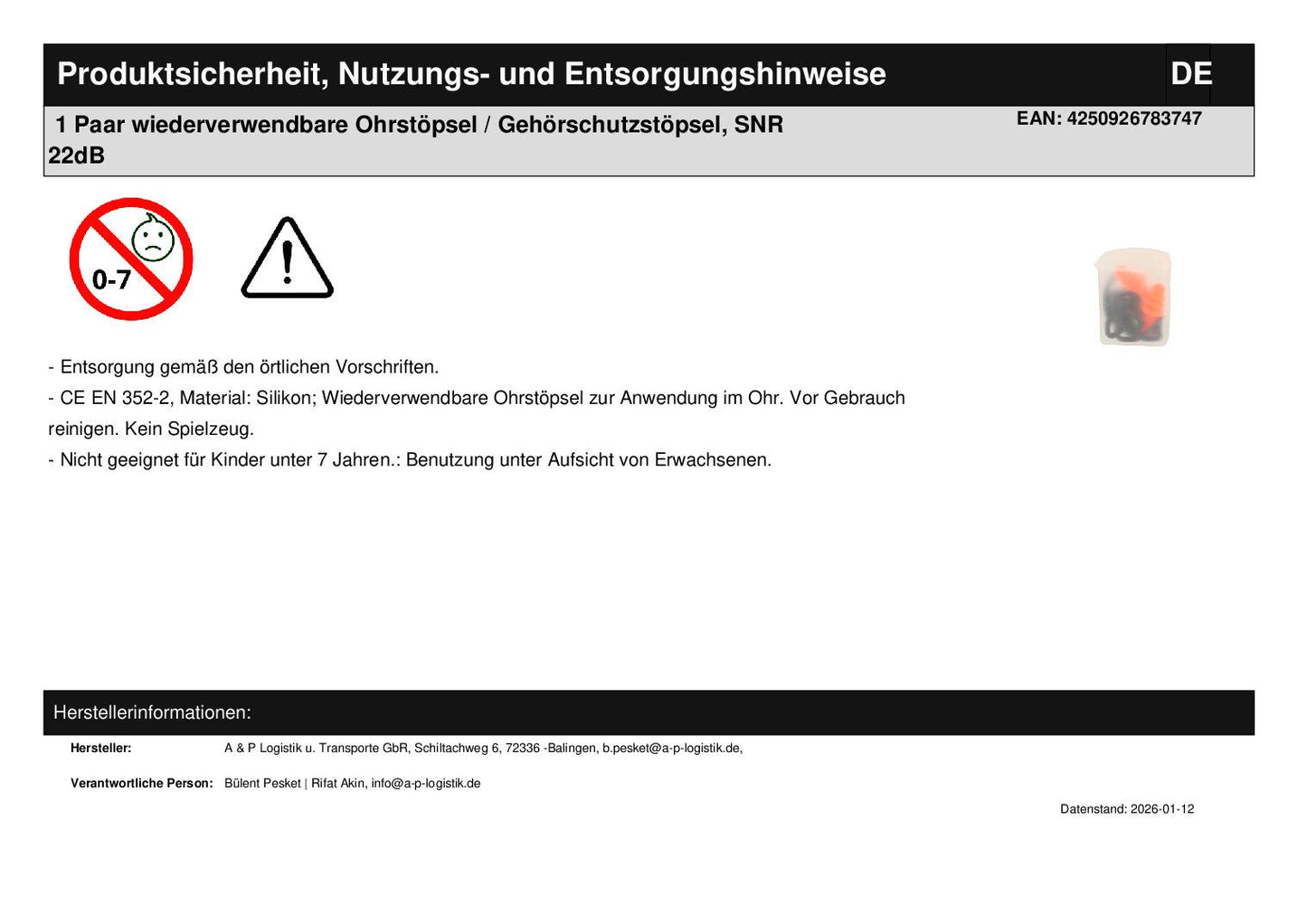 1 Paar wiederverwendbare Ohrstöpsel / Gehörschutzstöpsel, SNR 22dB