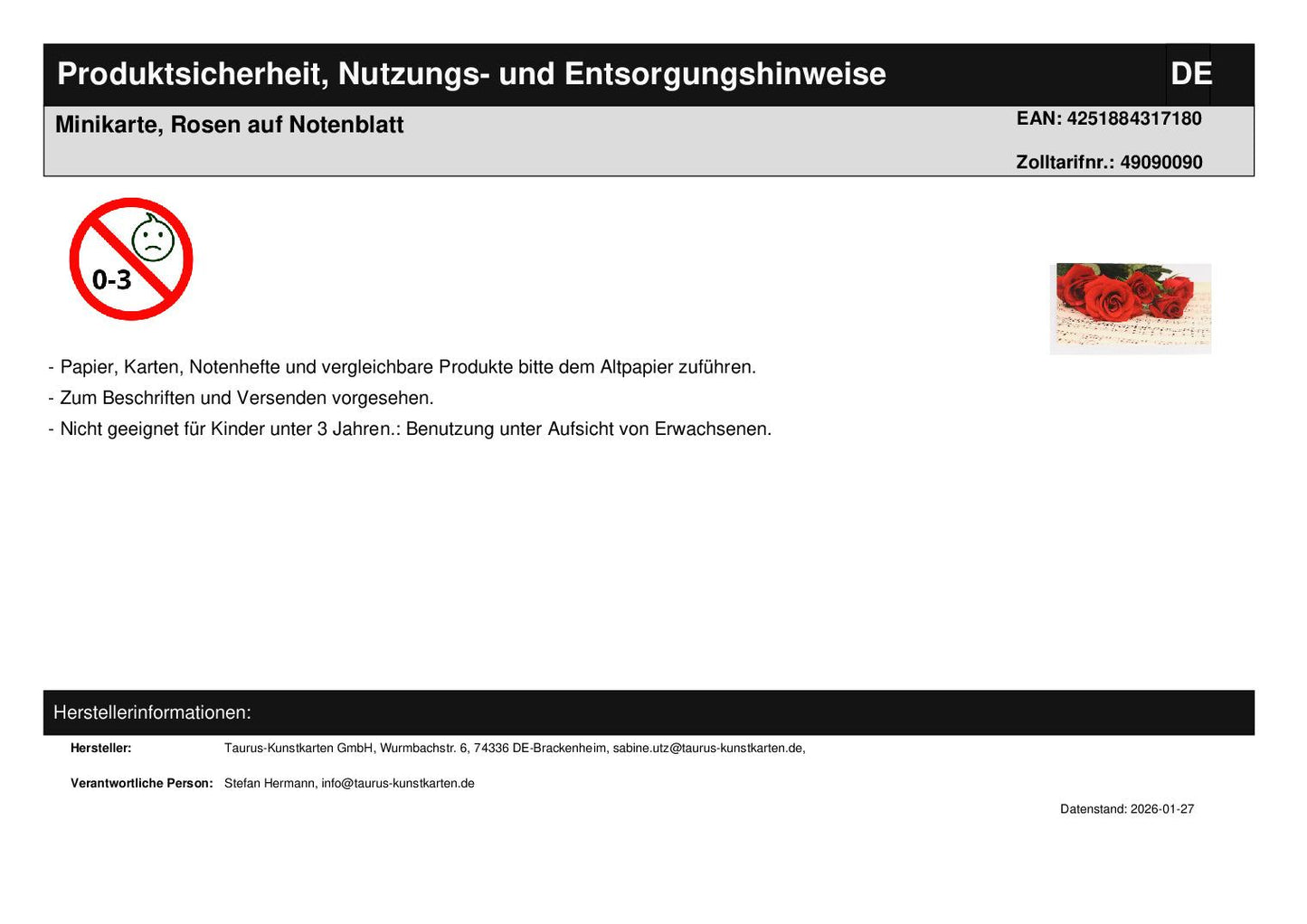 Minikarte, Rosen auf Notenblatt