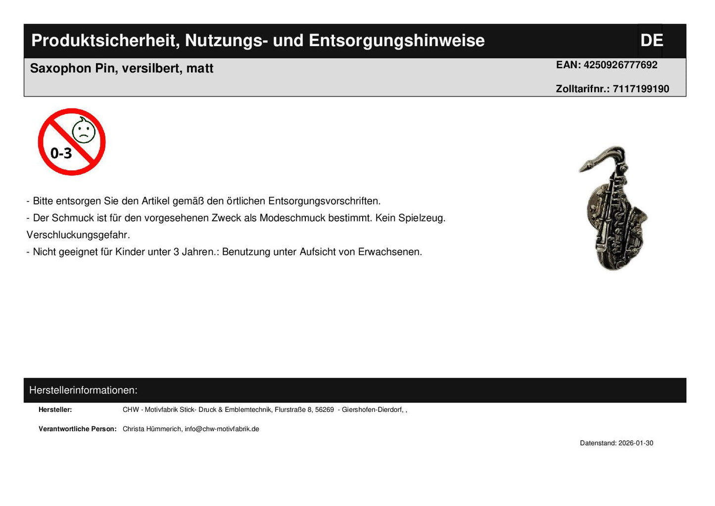 Saxophon Pin, versilbert, matt