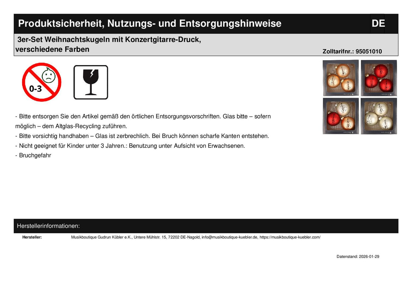 3er-Set Weihnachtskugeln mit Konzertgitarre-Druck, verschiedene Farben