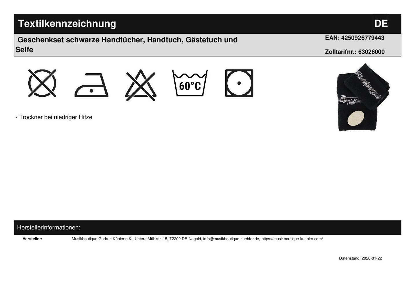 Geschenkset schwarze Handtücher, Handtuch, Gästetuch und Seife