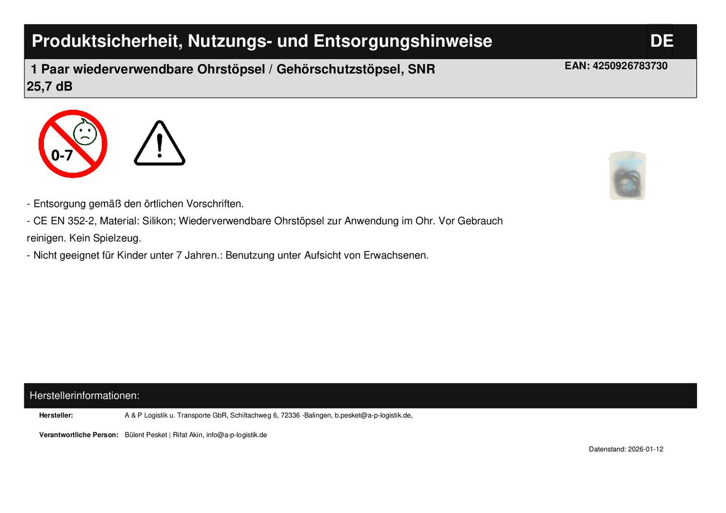1 Paar wiederverwendbare Ohrstöpsel / Gehörschutzstöpsel, SNR 25,7 dB