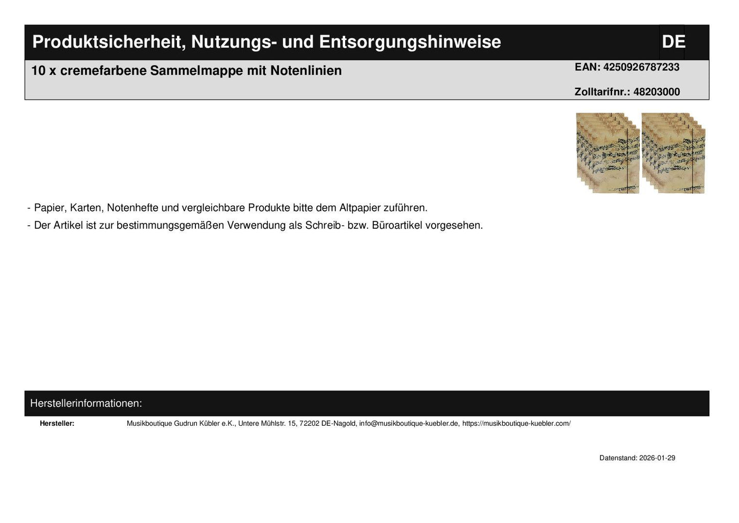 10 x cremefarbene Sammelmappe mit Notenlinien