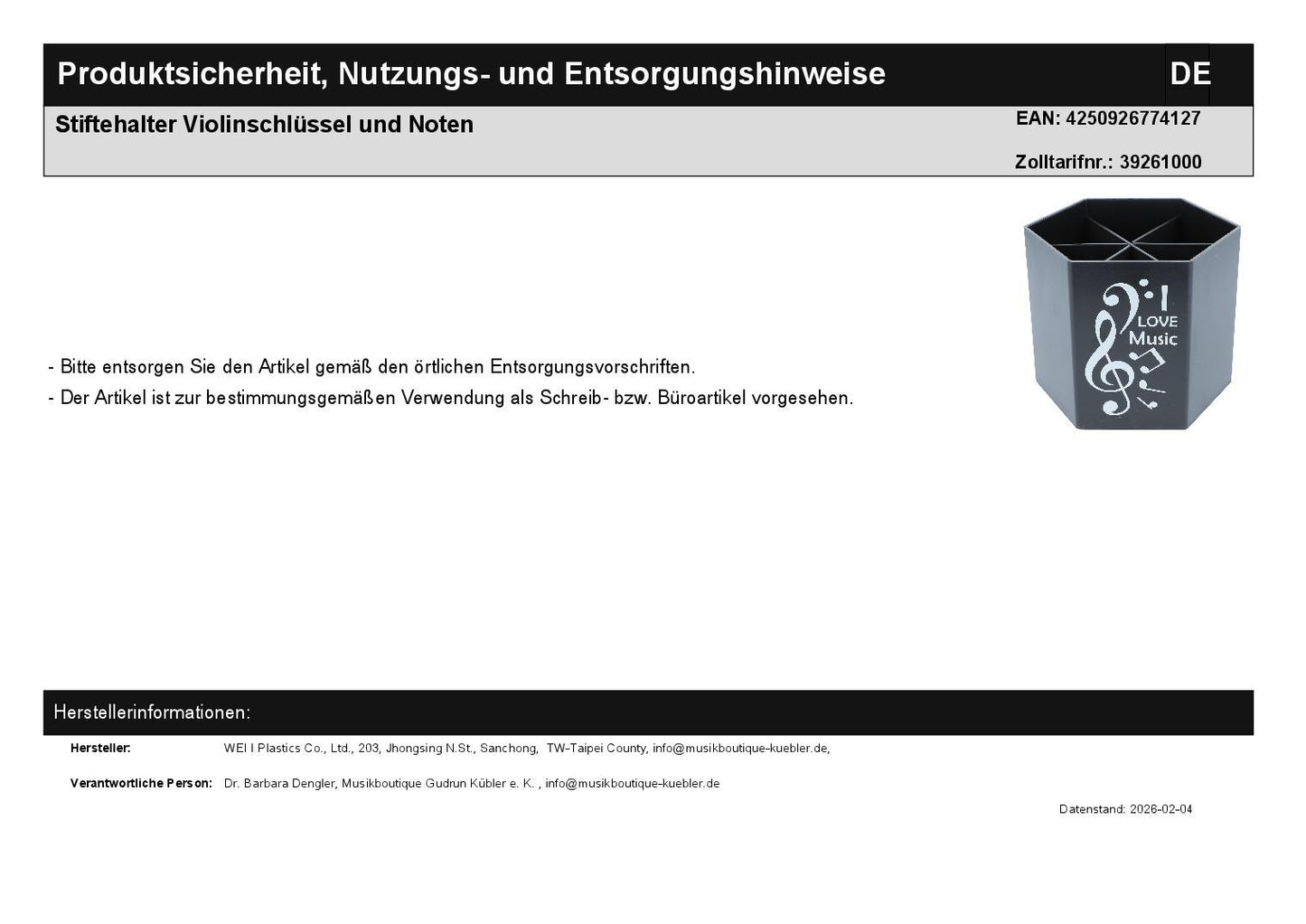 Stiftehalter Violinschlüssel und Noten