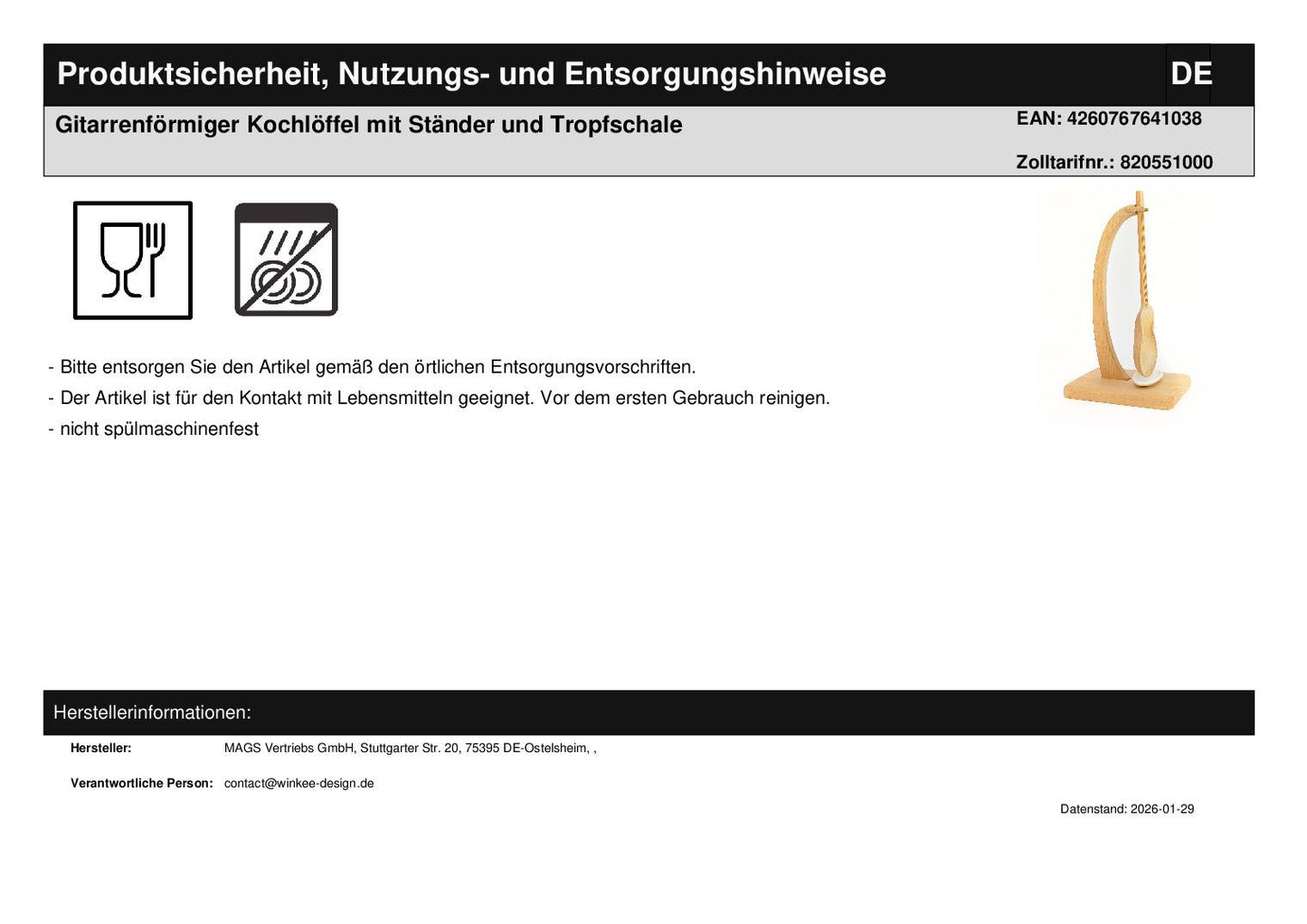 Gitarrenförmiger Kochlöffel mit Ständer und Tropfschale