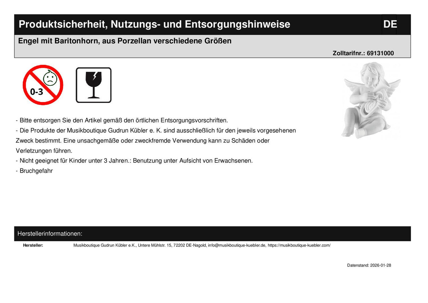 Engel mit Baritonhorn, aus Porzellan verschiedene Größen