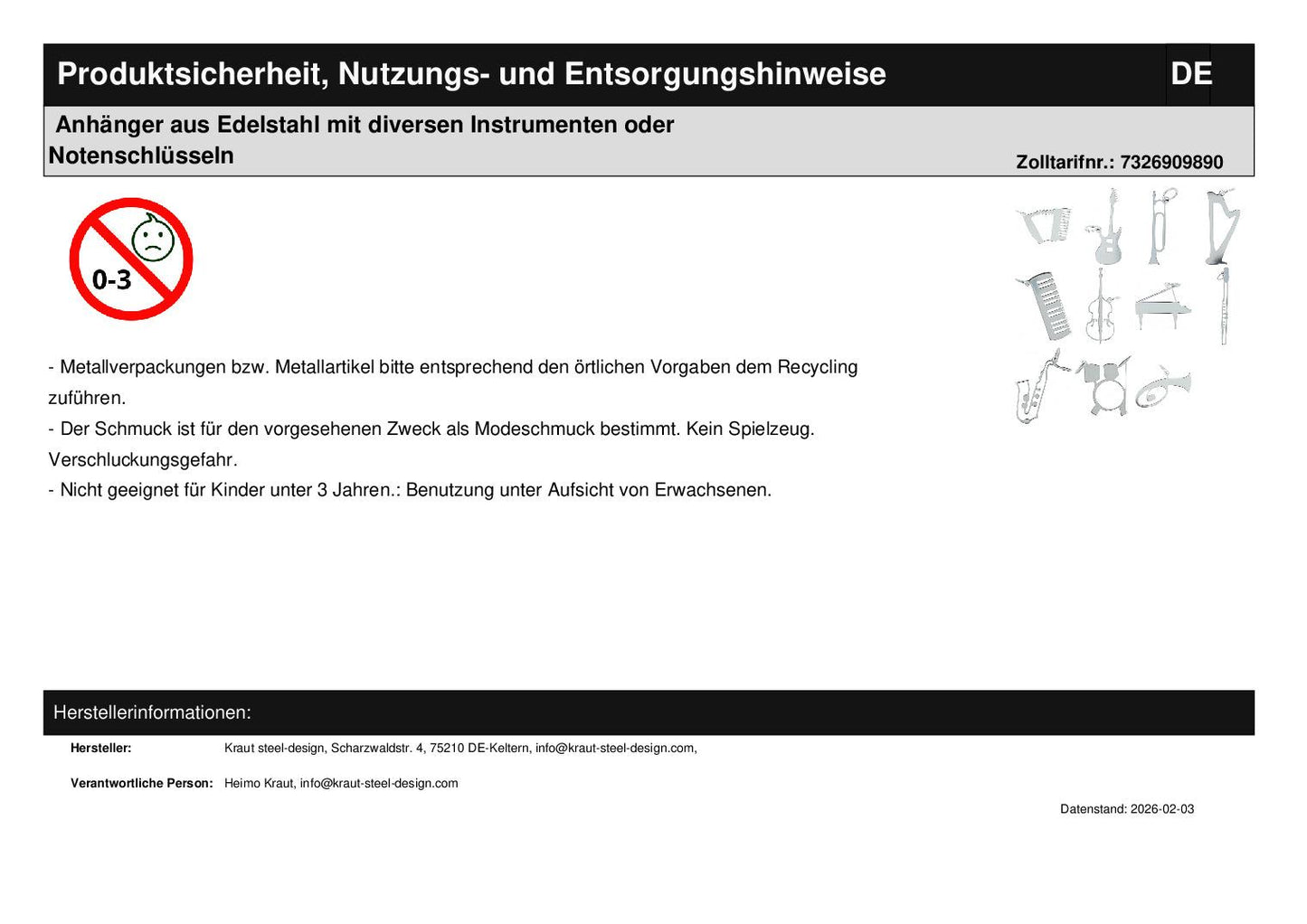 Stainless steel pendant with various instruments or music clefs