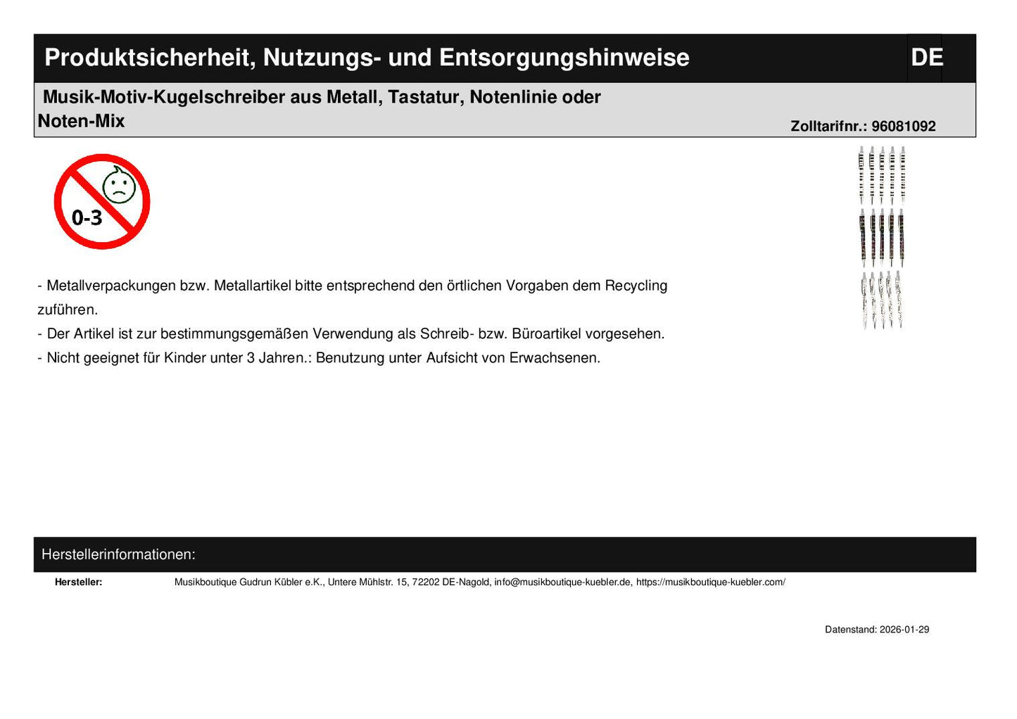 Musik-Motiv-Kugelschreiber aus Metall, Tastatur, Notenlinie oder Noten-Mix