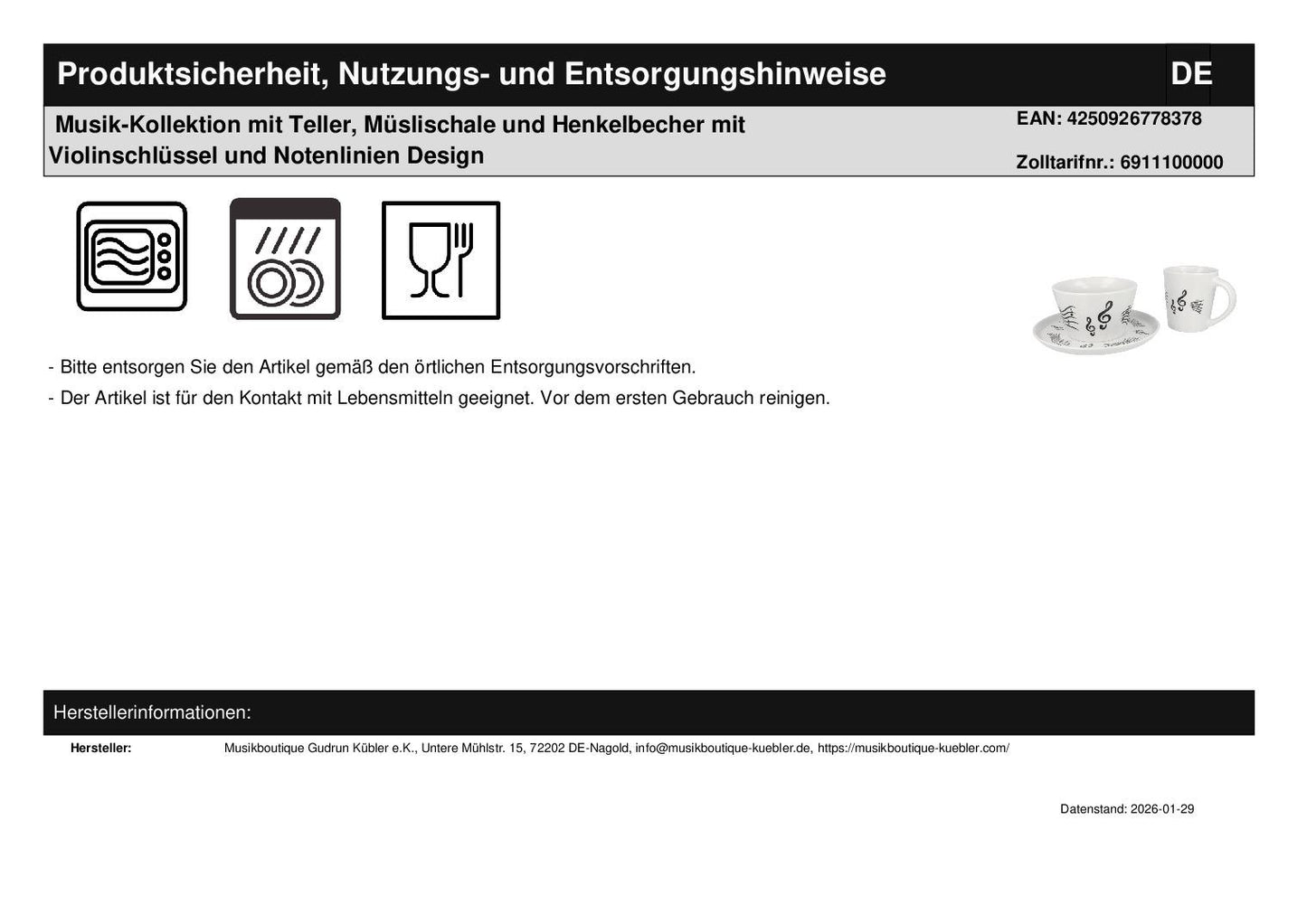 Musik-Kollektion mit Teller, Müslischale und Henkelbecher mit Violinschlüssel und Notenlinien Design