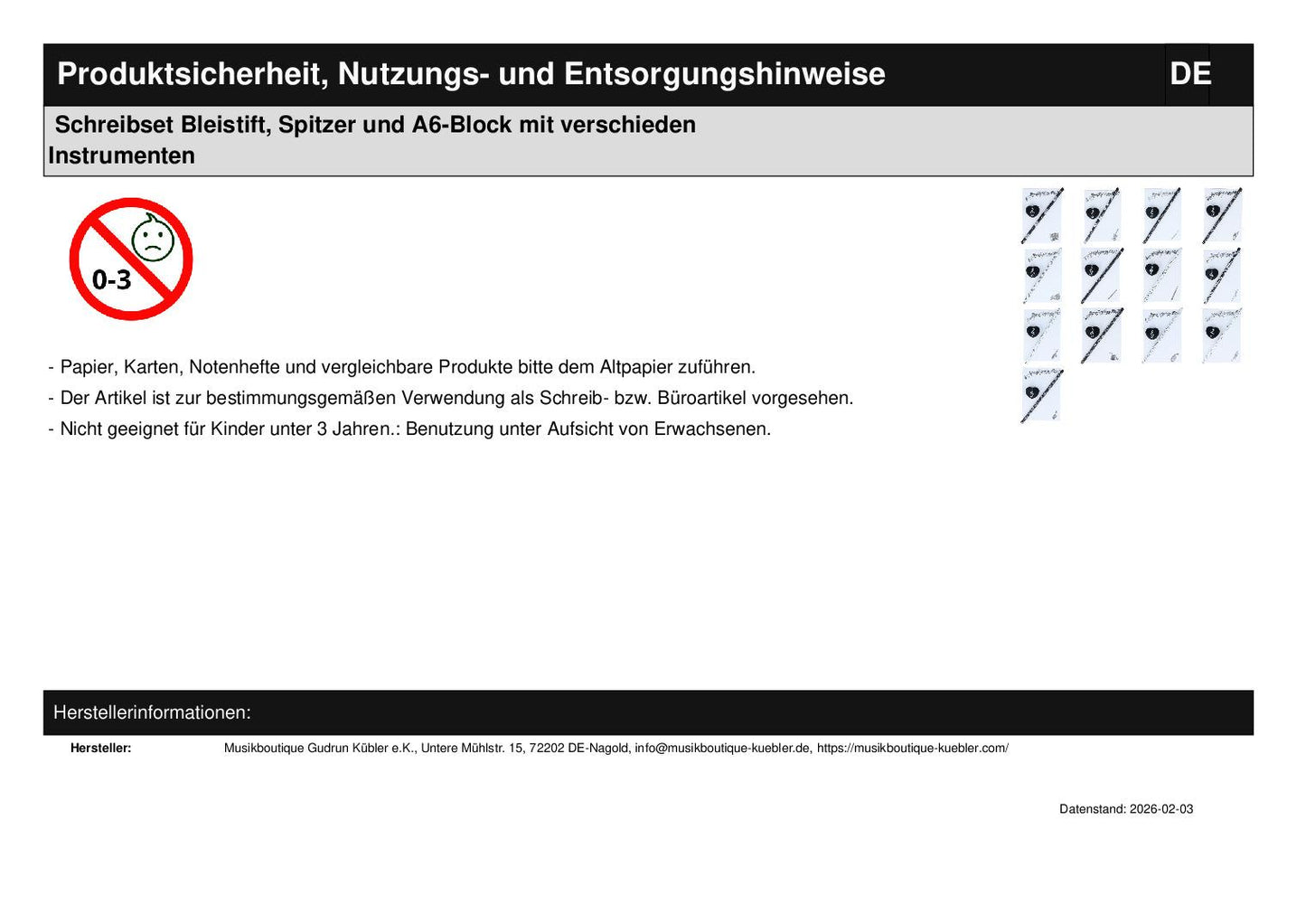 Schreibset Bleistift, Spitzer und A6-Block mit verschieden Instrumenten