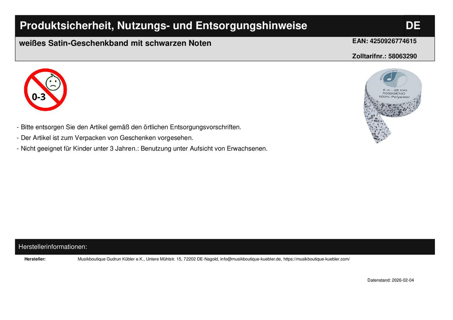 white satin gift ribbon with black notes