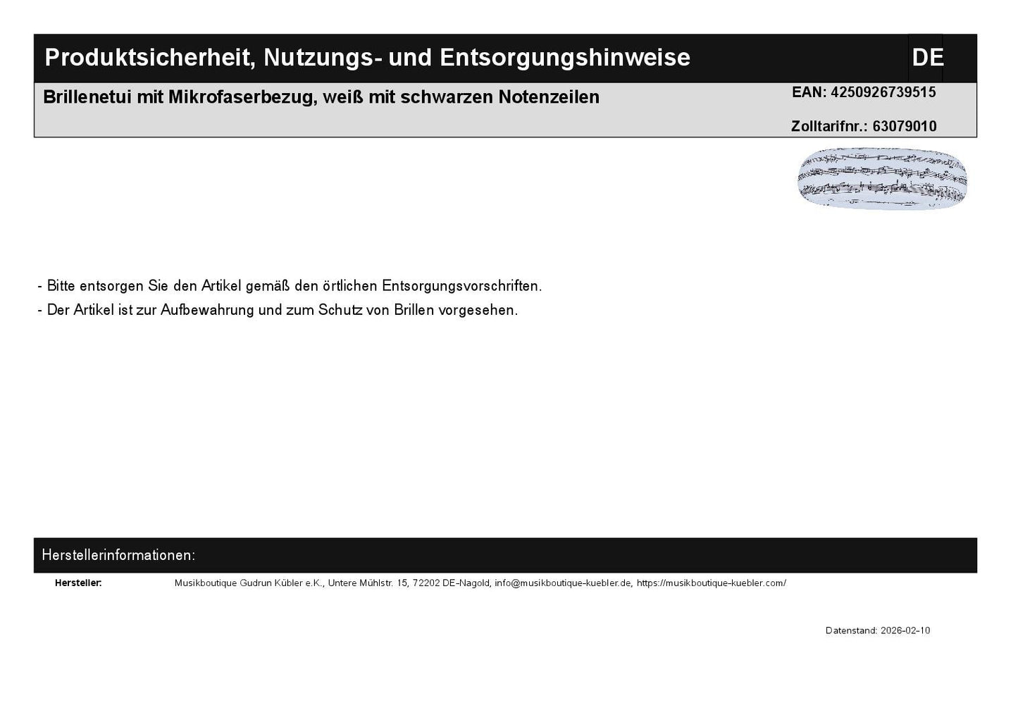 Glasses case with microfiber cover, white with black music lines