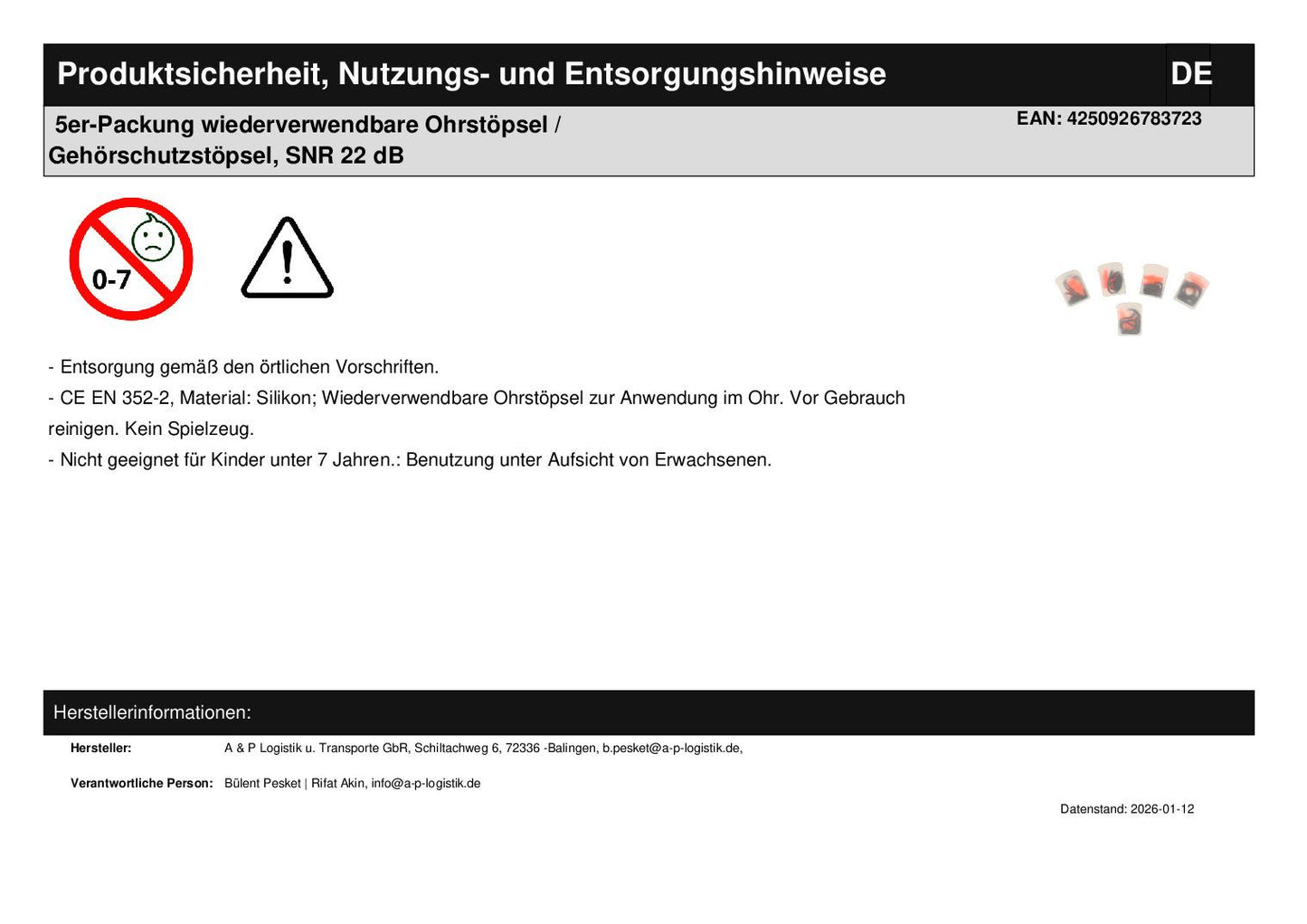 5er-Packung wiederverwendbare Ohrstöpsel / Gehörschutzstöpsel, SNR 22 dB