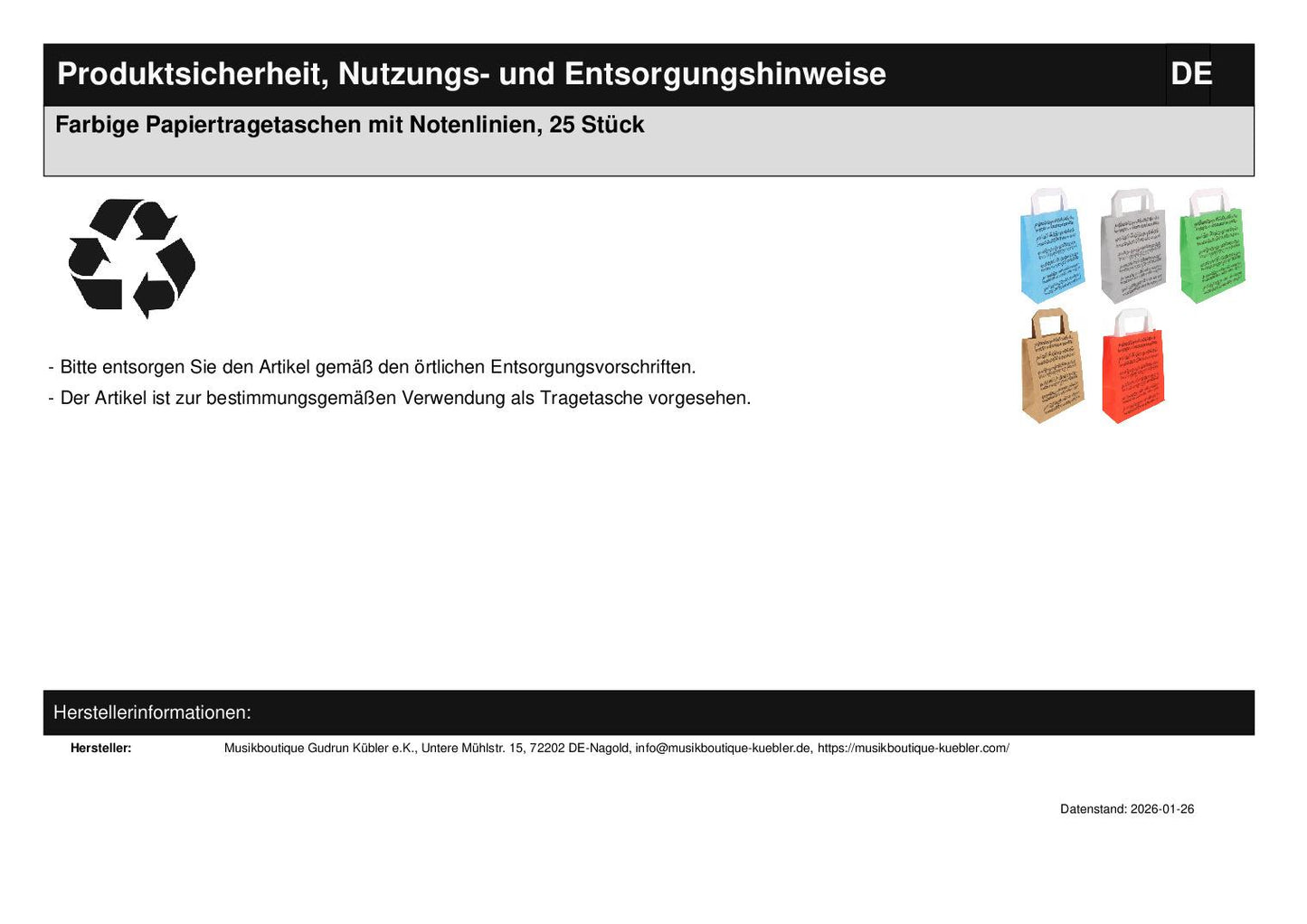 Farbige Papiertragetaschen mit Notenlinien, 25 Stück