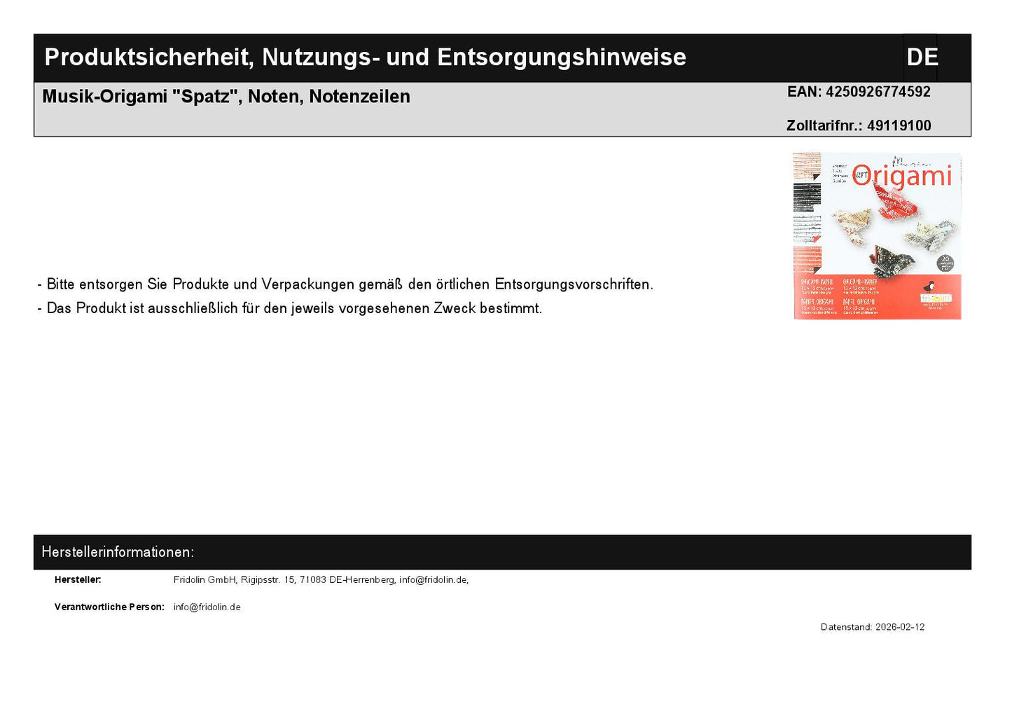 Musik-Origami "Spatz", Noten, Notenzeilen