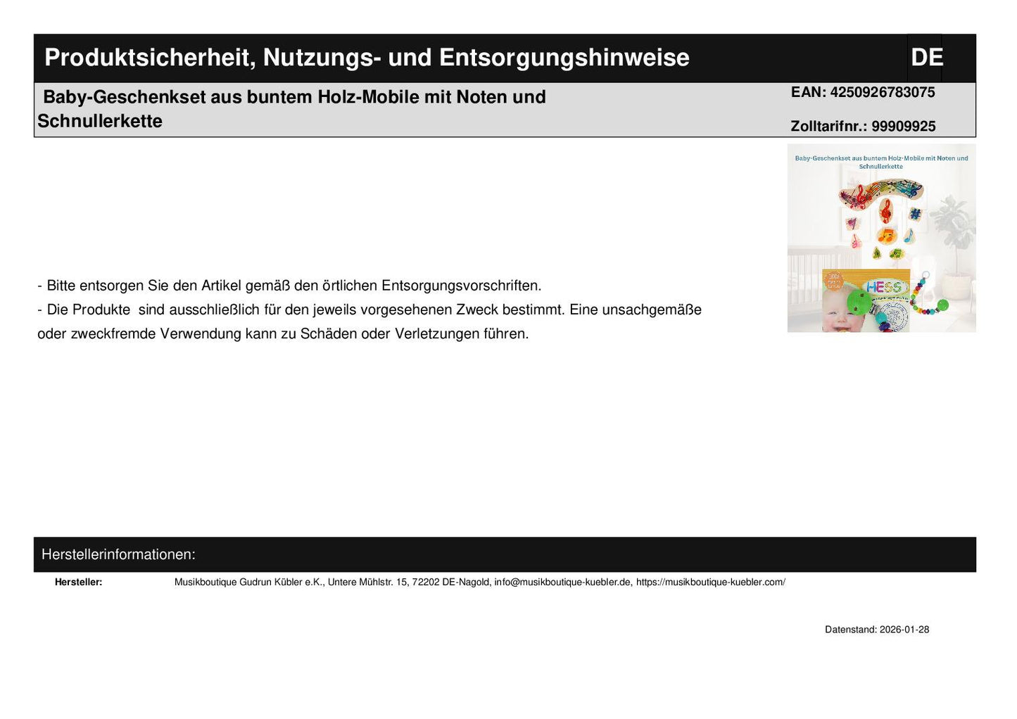 Baby gift set with colorful wooden mobile with notes and pacifier chain