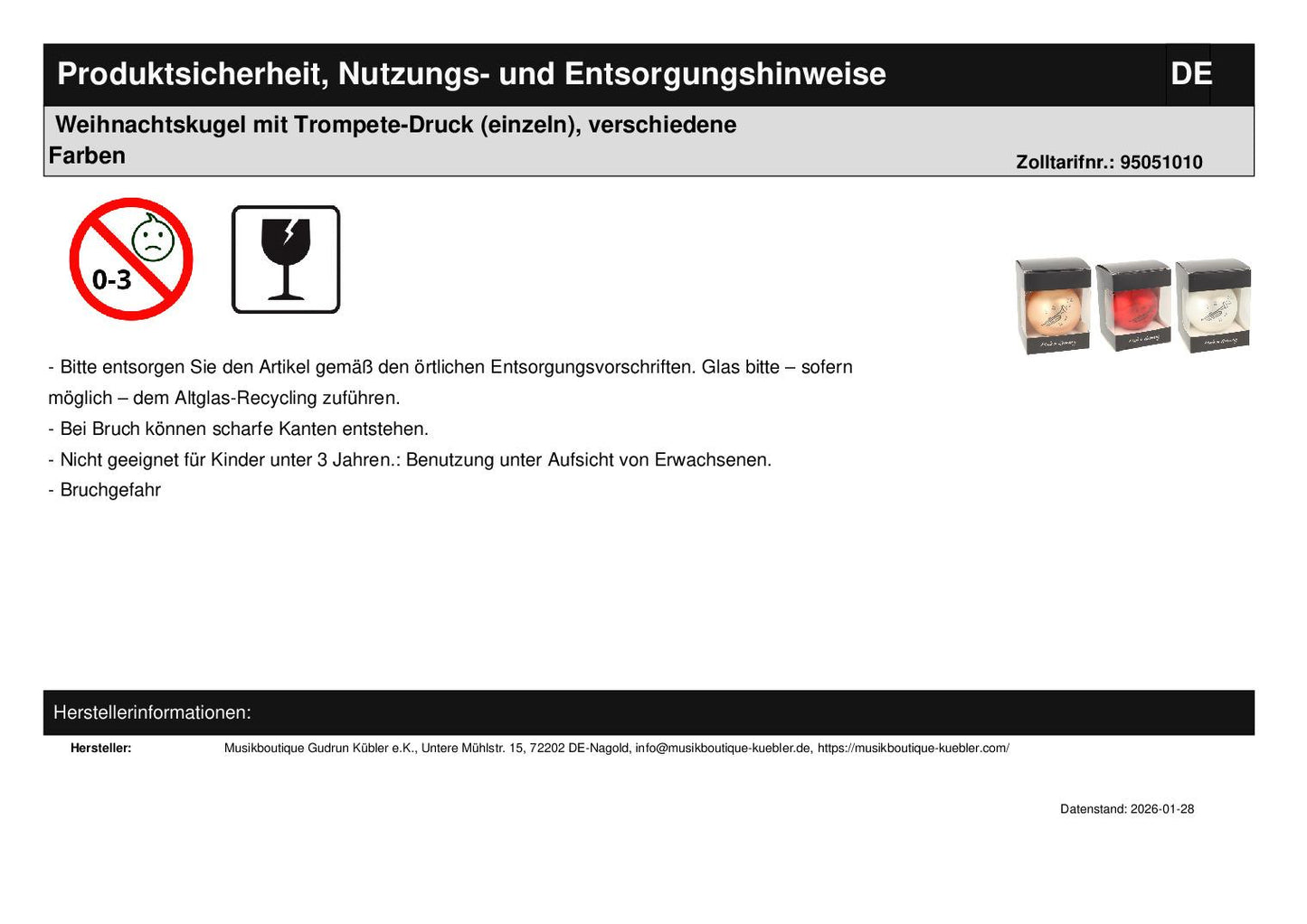 Weihnachtskugel mit Trompete-Druck (einzeln), verschiedene Farben