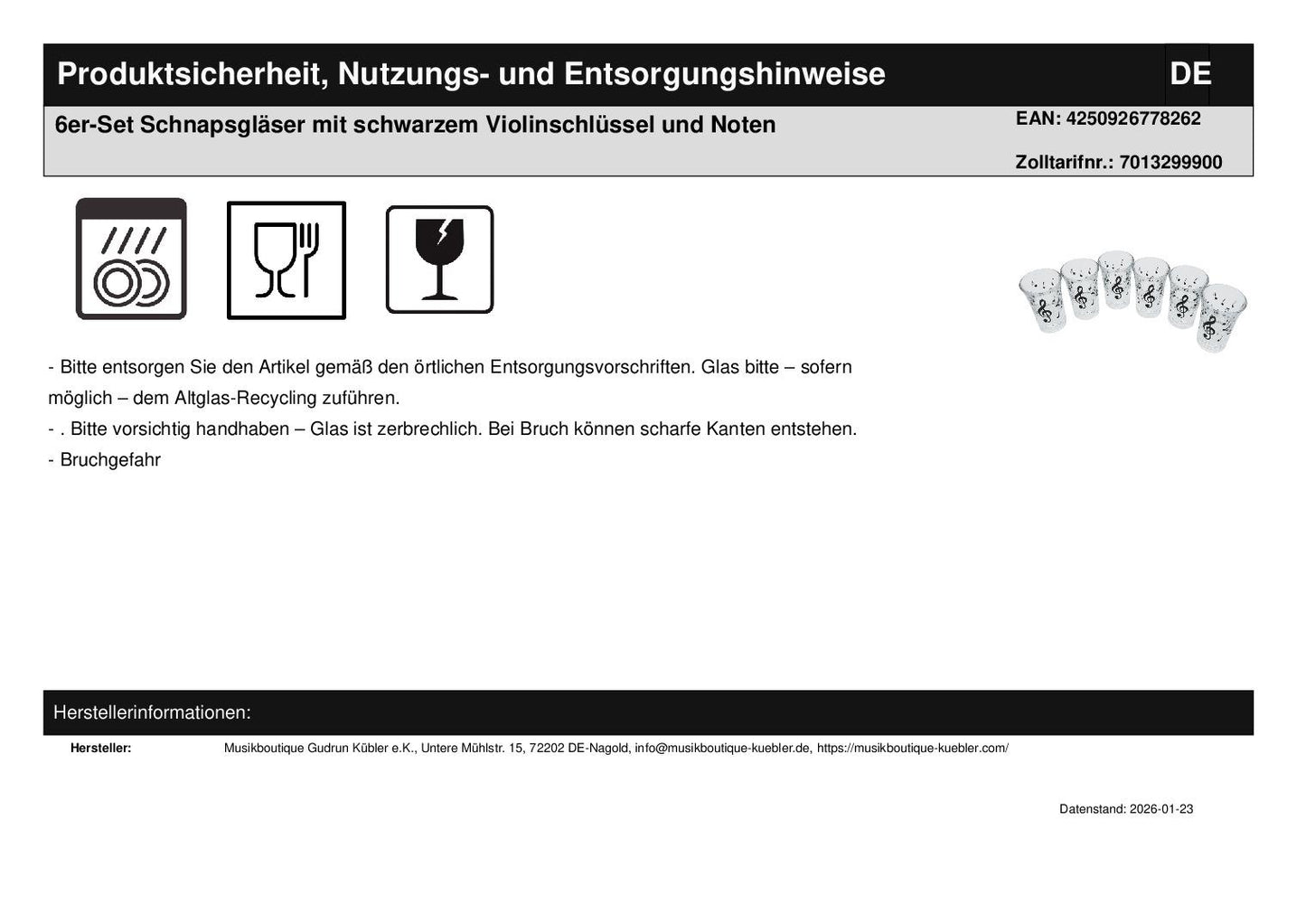 6er-Set Schnapsgläser mit schwarzem Violinschlüssel und Noten