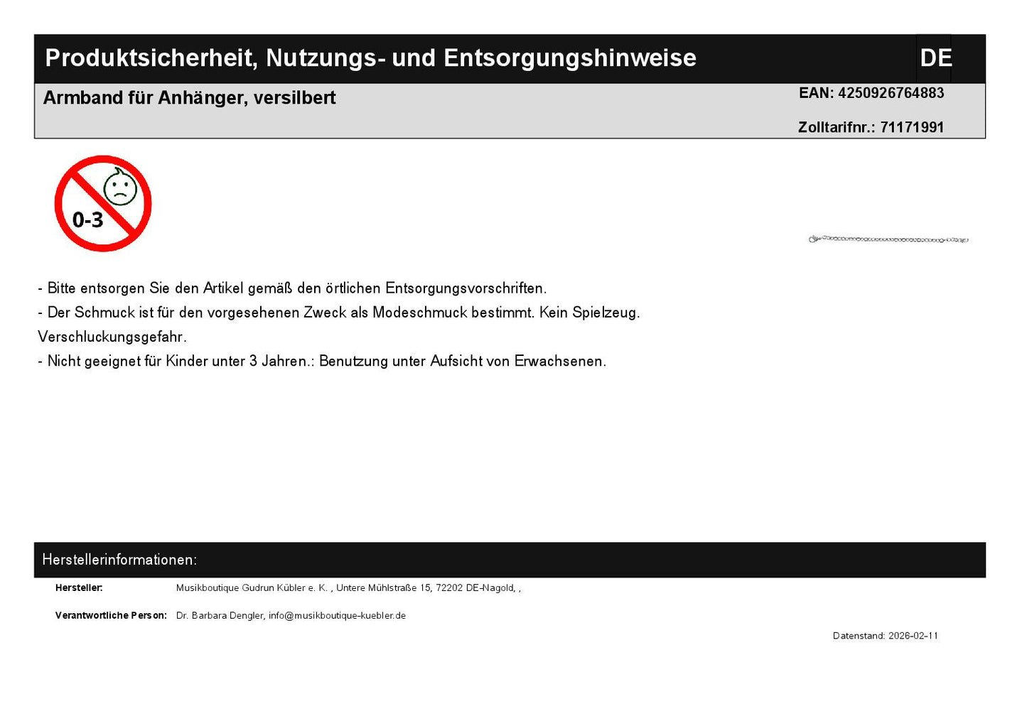 Bracelet for pendant, silver plated