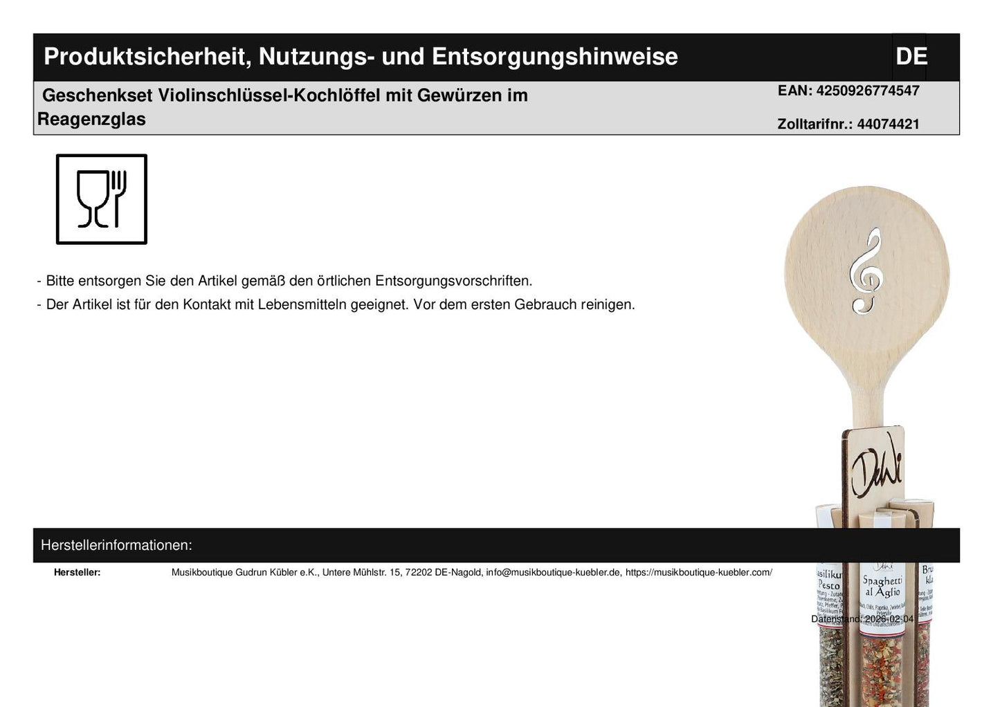 Geschenkset Violinschlüssel-Kochlöffel mit Gewürzen im Reagenzglas