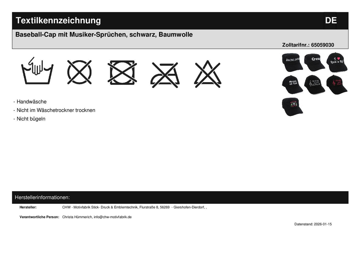 Baseball cap with musician sayings, black, cotton