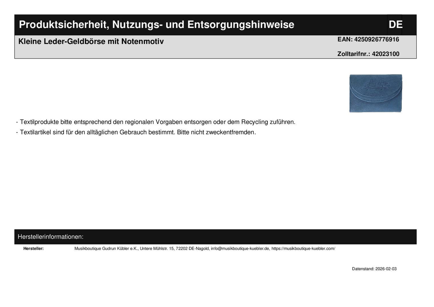 Small leather wallet with music note motif