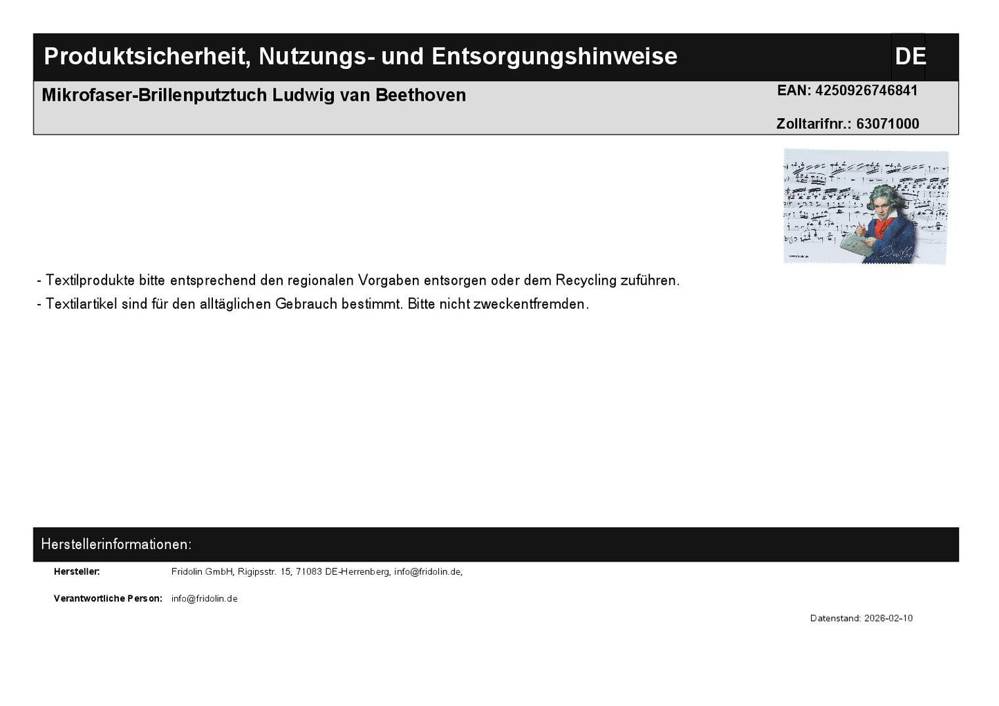 Mikrofaser-Brillenputztuch Ludwig van Beethoven
