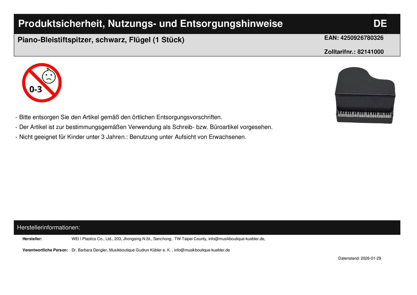 Piano-Bleistiftspitzer, schwarz, Flügel (1 Stück)