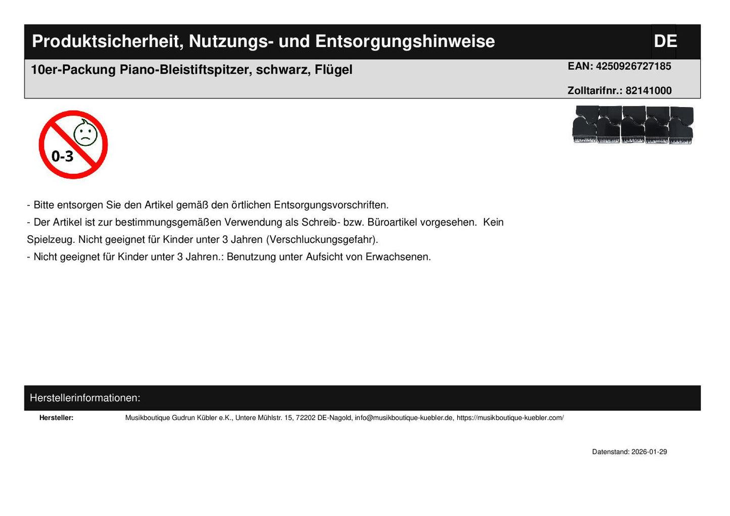 10er-Packung Piano-Bleistiftspitzer, schwarz, Flügel