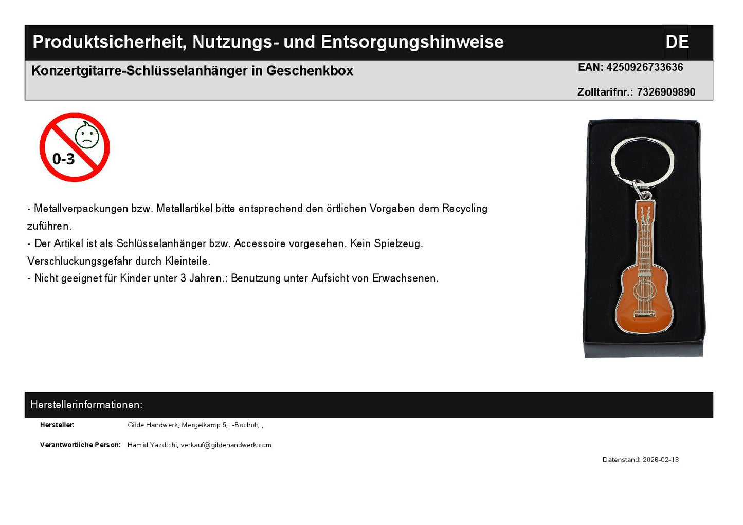Konzertgitarre-Schlüsselanhänger in Geschenkbox