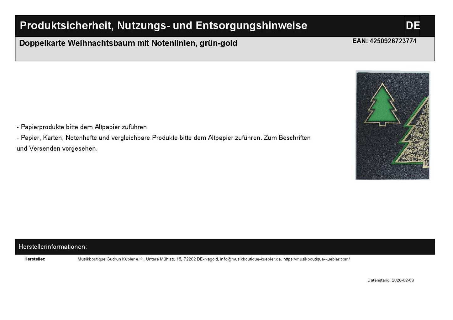 Doppelkarte Weihnachtsbaum mit Notenlinien, grün-gold