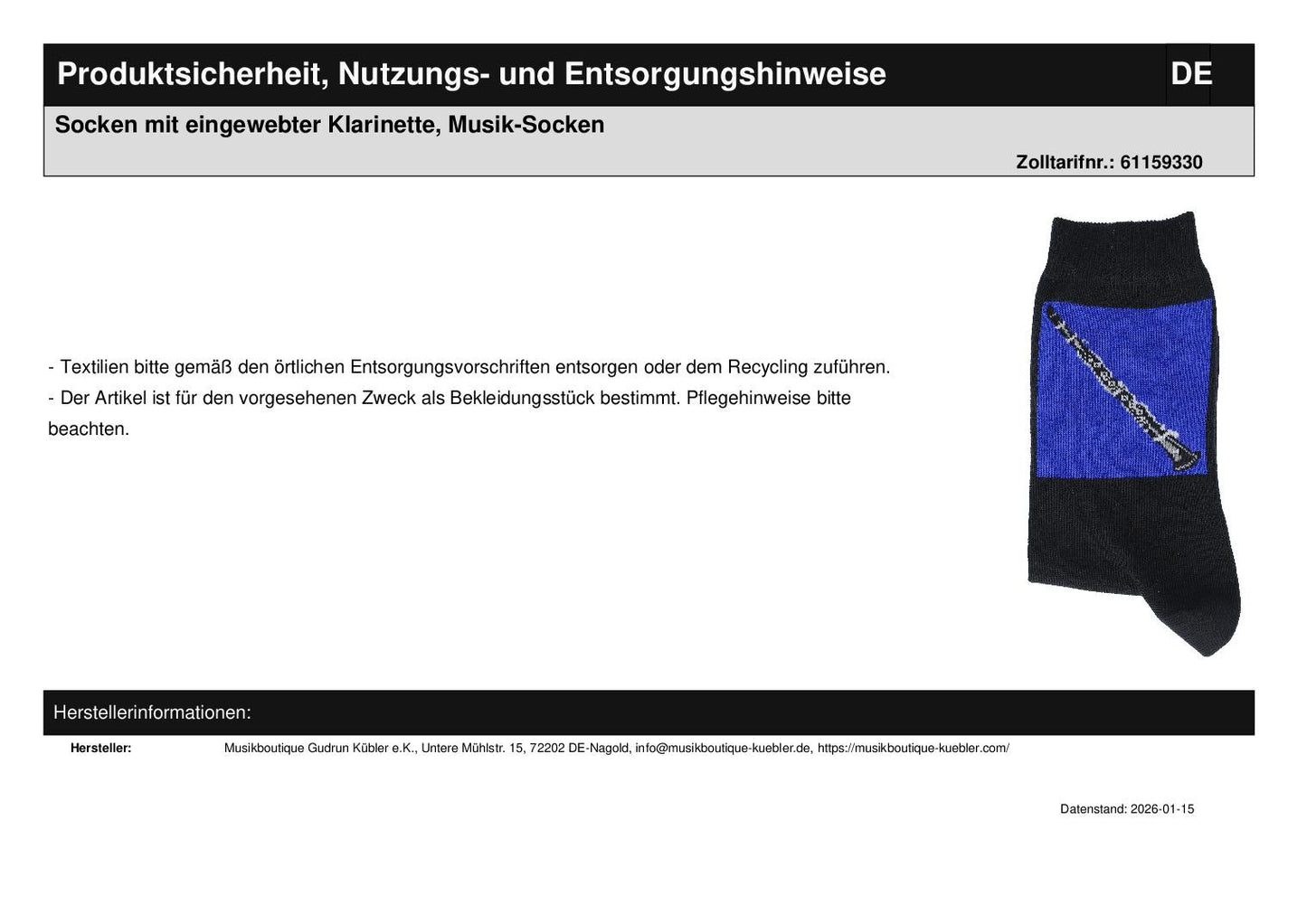 Socken mit eingewebter Klarinette, Musik-Socken