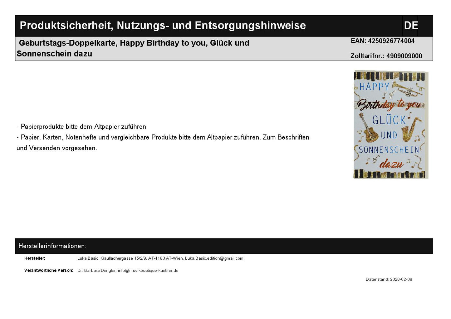 Geburtstags-Doppelkarte, Happy Birthday to you, Glück und Sonnenschein dazu