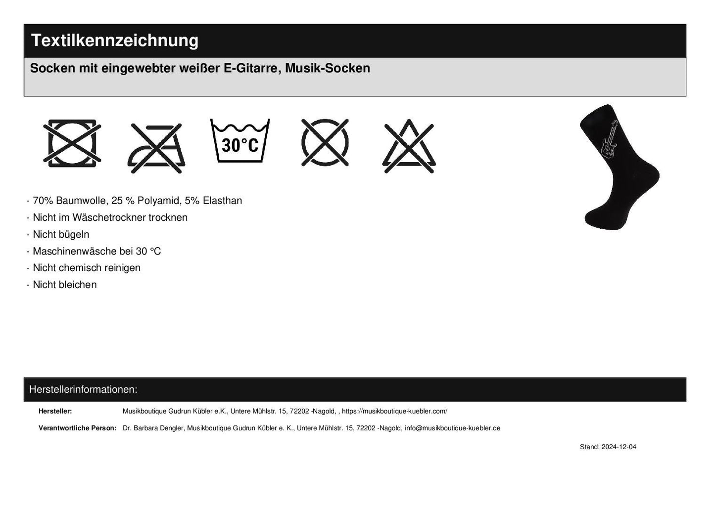 Socken mit eingewebter weißer E-Gitarre, Musik-Socken