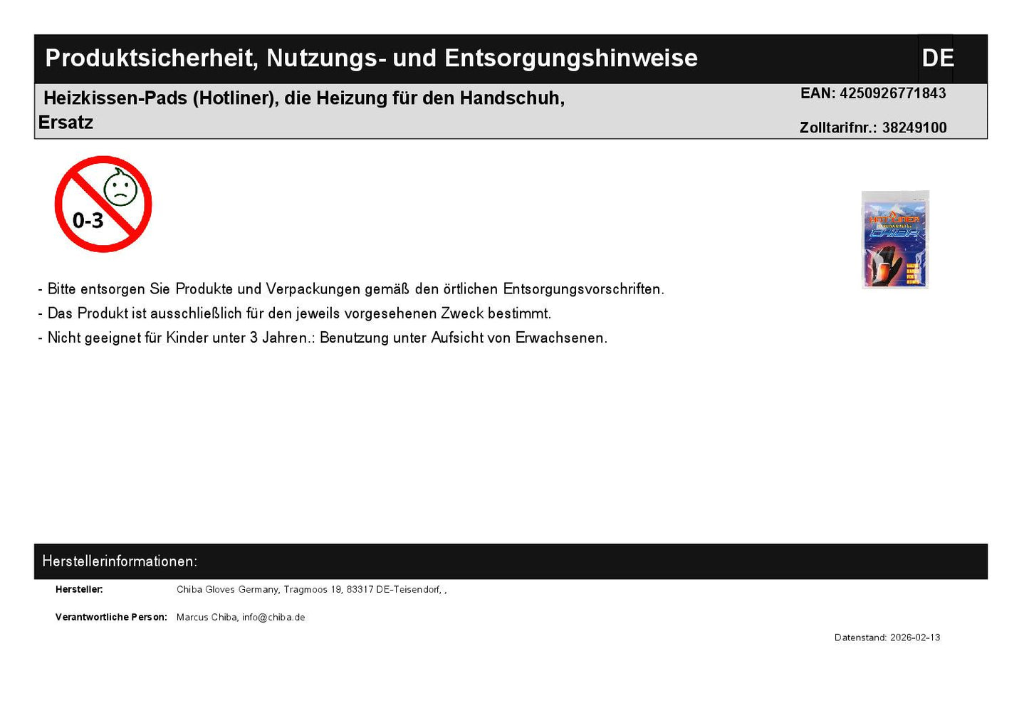 Heating pad pads (hotliner), the heating for the glove, replacement