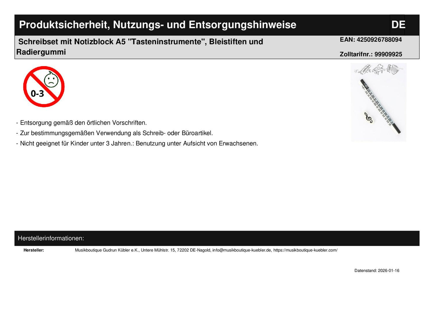 Schreibset mit Notizblock A5 "Tasteninstrumente", Bleistiften und Radiergummi