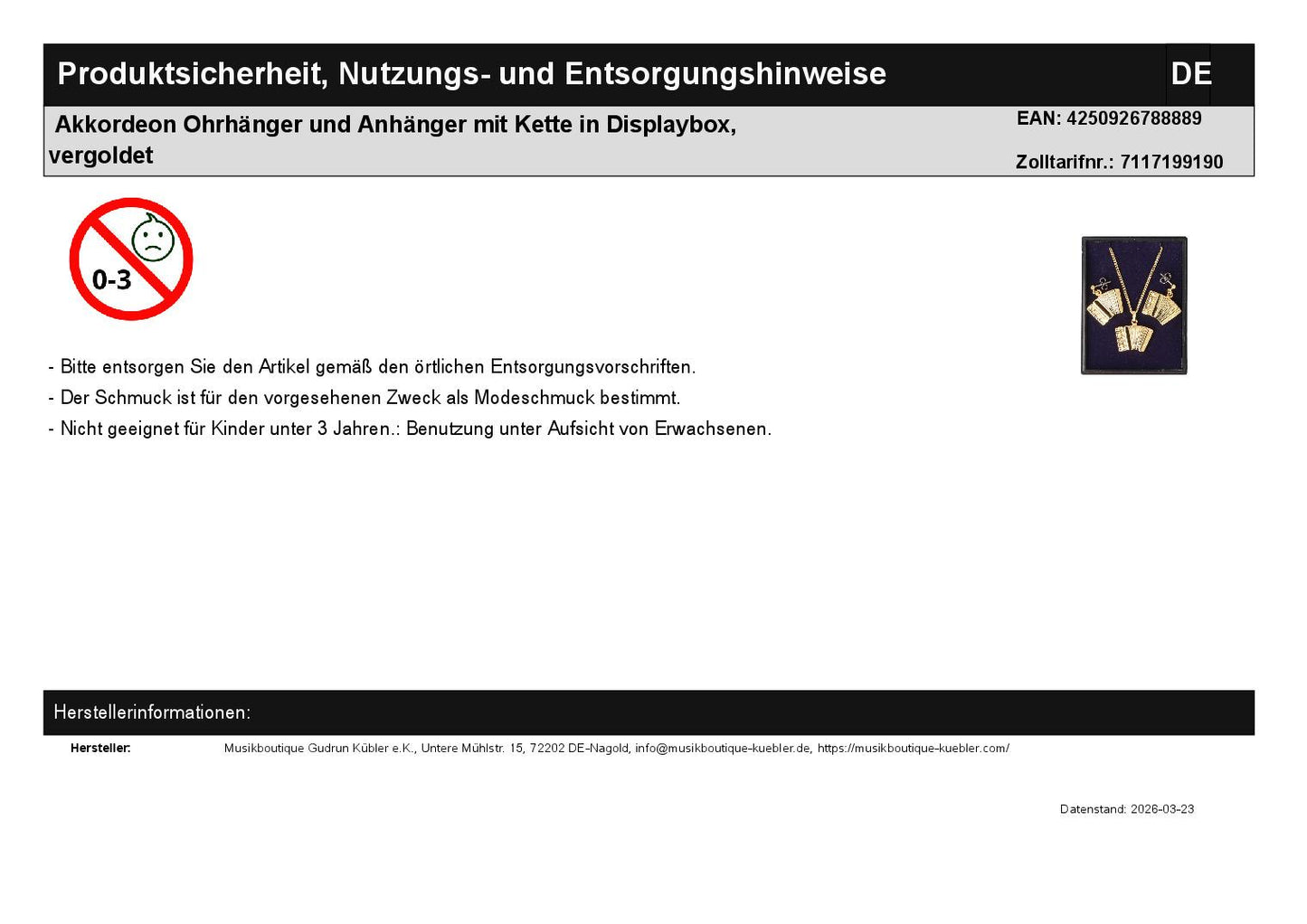 Akkordeon Ohrhänger und Anhänger mit Kette in Displaybox, vergoldet