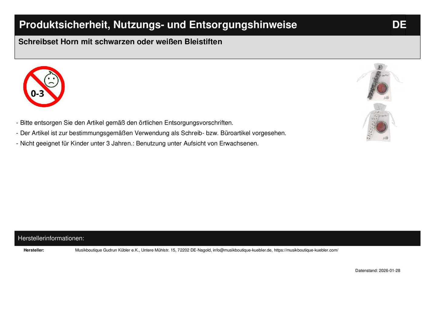 Schreibset Horn mit schwarzen oder weißen Bleistiften