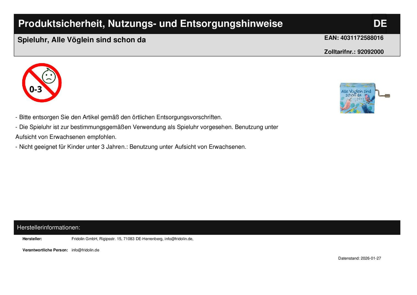Spieluhr, Alle Vöglein sind schon da