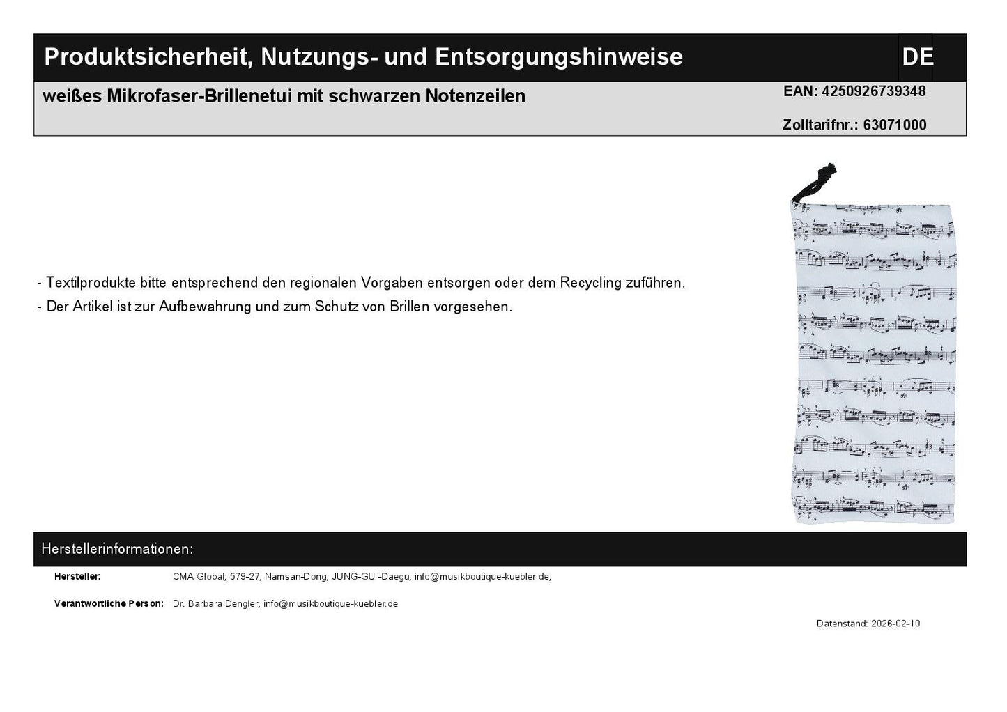 weißes Mikrofaser-Brillenetui mit schwarzen Notenzeilen